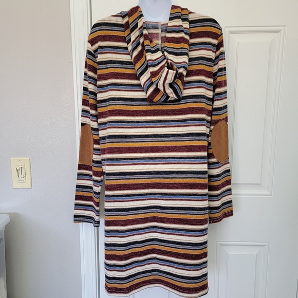 Doe And Rae Striped Multicolor Hooded Button Up Cardigan Elbow Patches Medium - Picture 5 of 11